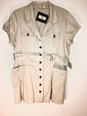 NWT MG Women Khaki Button Up Utility Mini Dress Belted Pockets Size 2X 2010 Tan